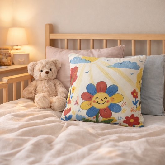 Adorable Flower Enjoying Sun Drawing Kids クッション