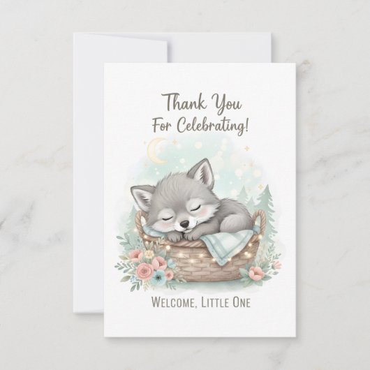 Adorable, fluffy baby wolf  Baby Shower  サンキューカード (正面)