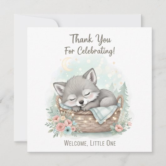 Adorable, fluffy baby wolf  Baby Shower  サンキューカード (正面)