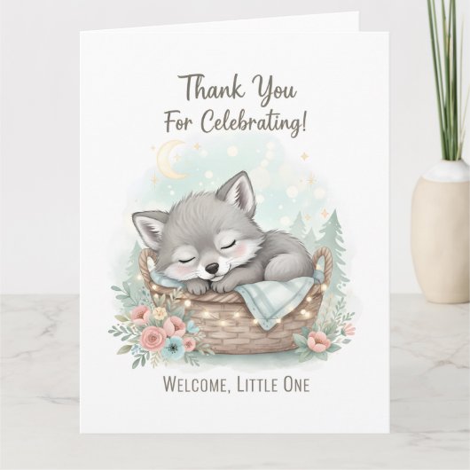 Adorable, fluffy baby wolf  Baby Shower  サンキューカード (正面)
