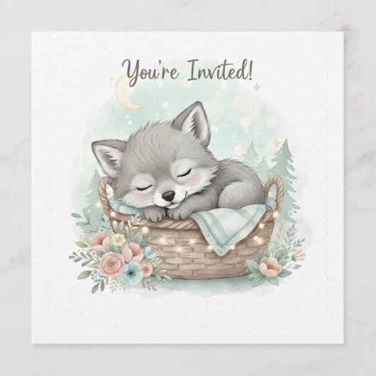 Adorable, fluffy baby wolf  Baby Shower  招待状 (正面)