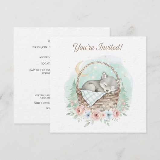 Adorable, fluffy baby wolf  Baby Shower  招待状 (正面/裏面)