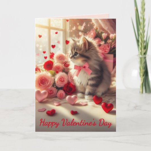 Adorable Fluffy Kitten with Roses Valentine's Day カード (正面)