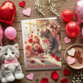 Adorable Fluffy Kitten with Roses Valentine's Day カード