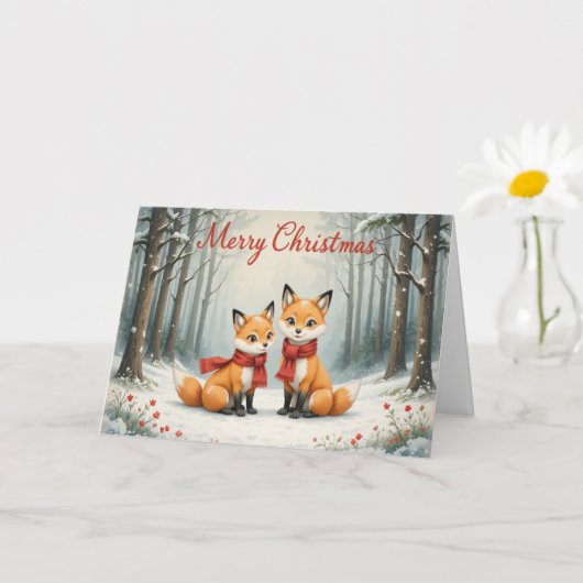 Adorable Fox Christmas Snowy Woods and Red Scarf カード (小さな植物)