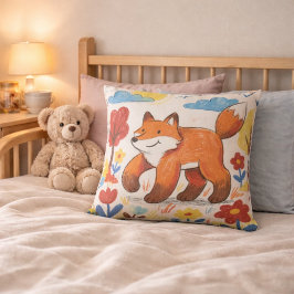 Adorable Fox Walking Among Flowers Drawing Kids クッション