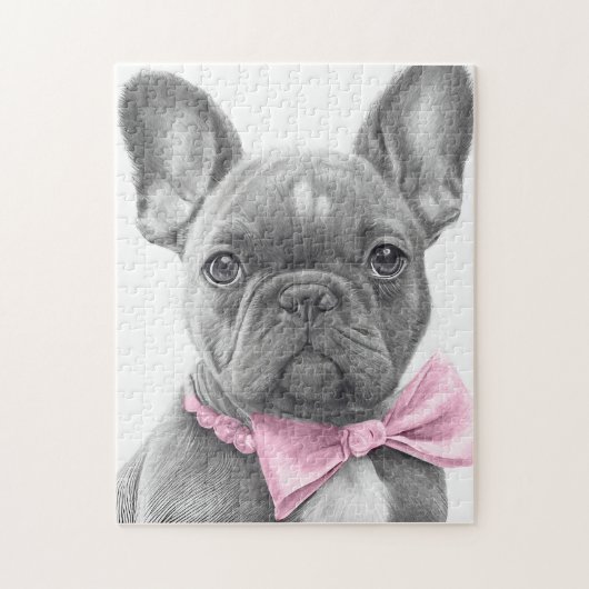 Adorable french bulldog puppy with a pink bow  ジグソーパズル (縦)