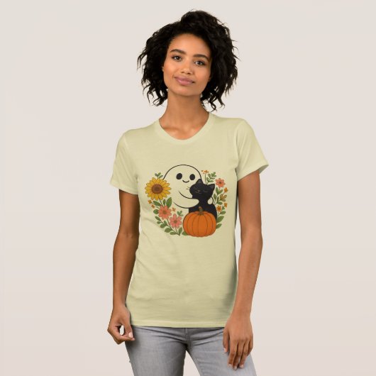 Adorable Ghost and Black Cat Fall Cute Halloween  Tシャツ (正面フル)
