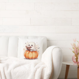Adorable Ghost with Book Sitting on Pumpkin – Hall クッション