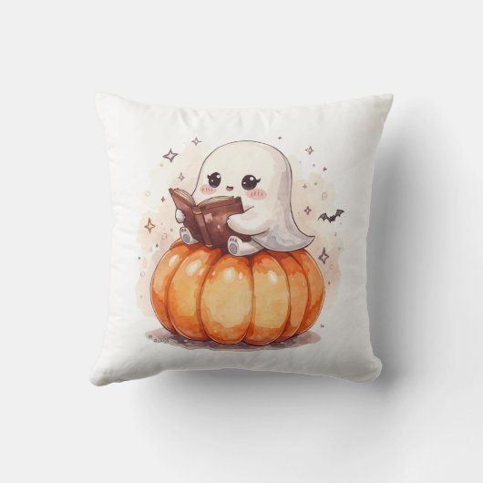 Adorable Ghost with Book Sitting on Pumpkin – Hall クッション (裏面)