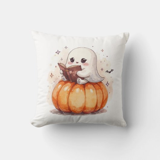 Adorable Ghost with Book Sitting on Pumpkin – Hall クッション (正面)