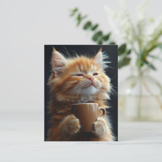 Adorable Ginger Kitten With a Coffee ポストカード (スタンド正面)