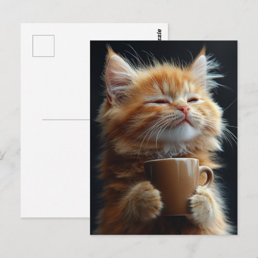 Adorable Ginger Kitten With a Coffee ポストカード (正面/裏面)