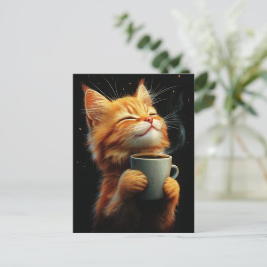Adorable Ginger Kitty With a Coffee ポストカード (スタンド正面)