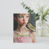 Adorable Girl with Cute Bird on Her Shoulder ポストカード (スタンド正面)