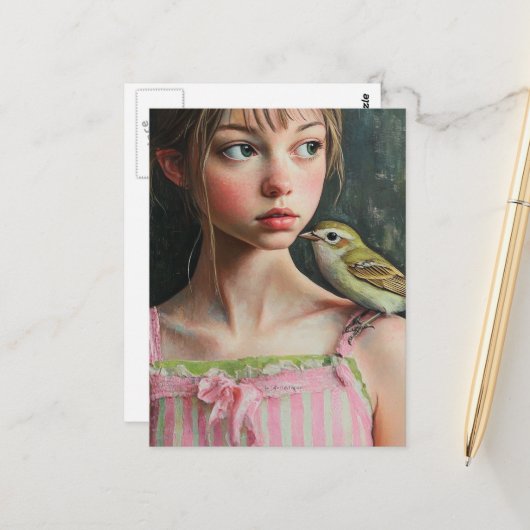 Adorable Girl with Cute Bird on Her Shoulder ポストカード (正面/裏面インサイチュ)