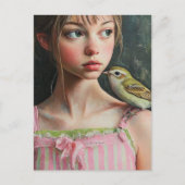 Adorable Girl with Cute Bird on Her Shoulder ポストカード (正面)