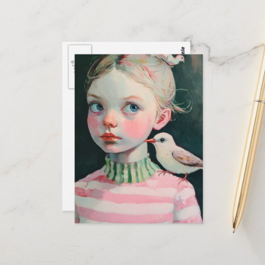 Adorable Girl with the Bird on Her Shoulder ポストカード (正面/裏面インサイチュ)