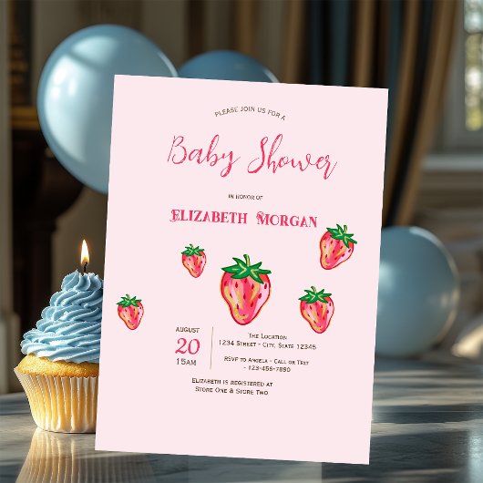 Adorable Glitter Strawberries Dots Baby Shower 招待状