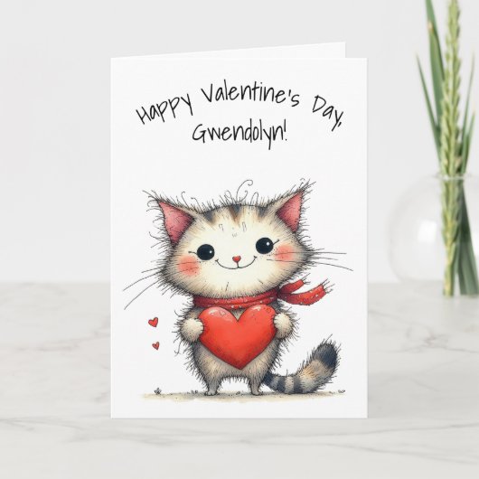 Adorable Gray and White Cat Happy Valentine's Day カード (正面)