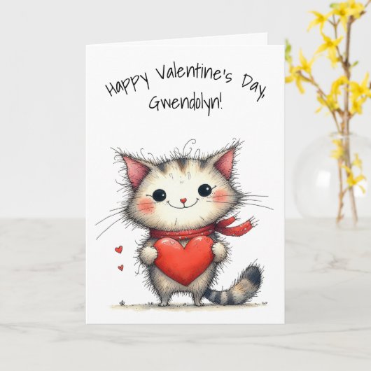 Adorable Gray and White Cat Happy Valentine's Day カード (黄色い花)