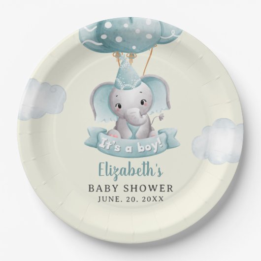 Adorable Gray Elephant Baby shower Boy ペーパープレート (正面)