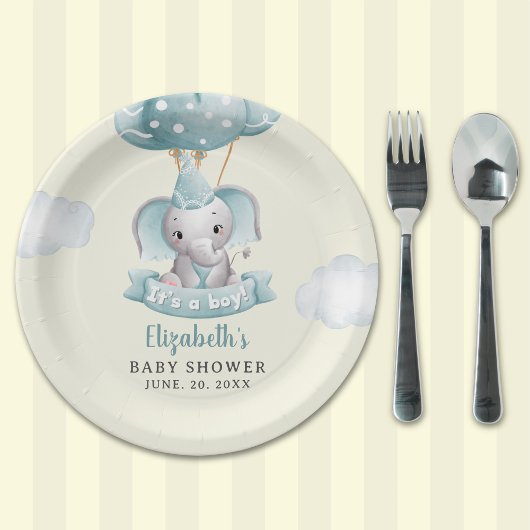 Adorable Gray Elephant Baby shower Boy ペーパープレート