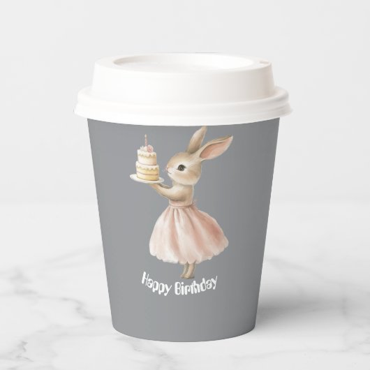 Adorable Grey & Pink Bunny Birthday Cup 紙コップ (正面)