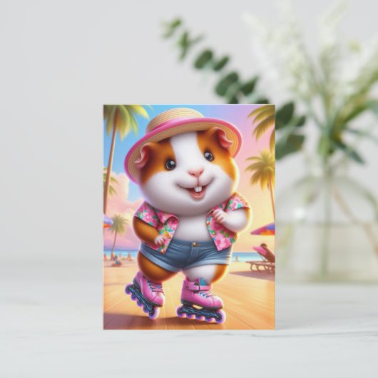 Adorable Guinea Pig Rollerskates at the Beach ポストカード (スタンド正面)