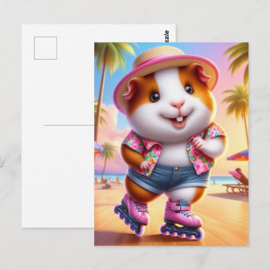 Adorable Guinea Pig Rollerskates at the Beach ポストカード (正面/裏面)