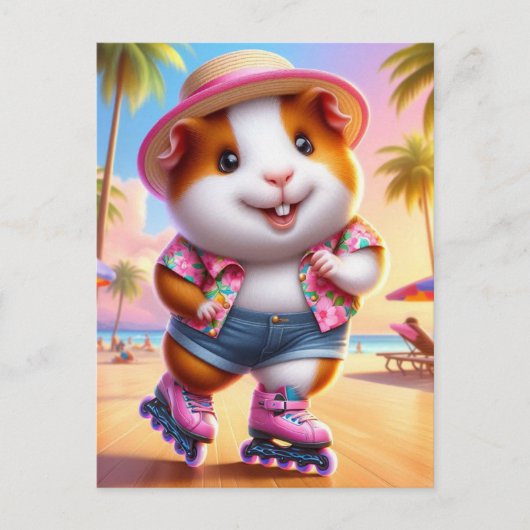 Adorable Guinea Pig Rollerskates at the Beach ポストカード (正面)