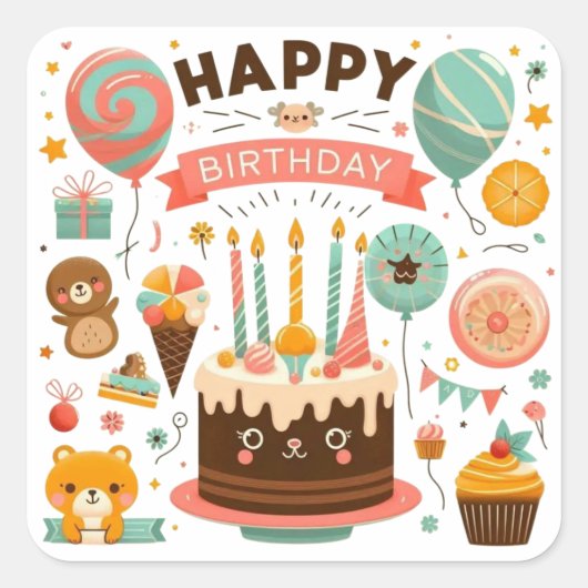 Adorable Happy Birthday Cute Cake & Bear スクエアシール (正面)