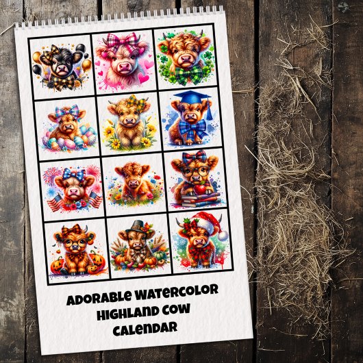 Adorable Highland Cow Watercolor Calendar カレンダー