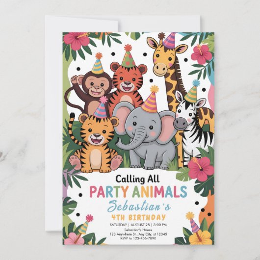 Adorable Jungle Party Animals Birthday 招待状 (正面)