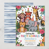 Adorable Jungle Party Animals Birthday 招待状 (正面/裏面)