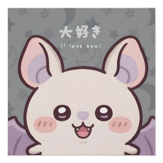 Adorable Kawaii Bat Poster - "Daisuki" (I Love You ポスター (正面)