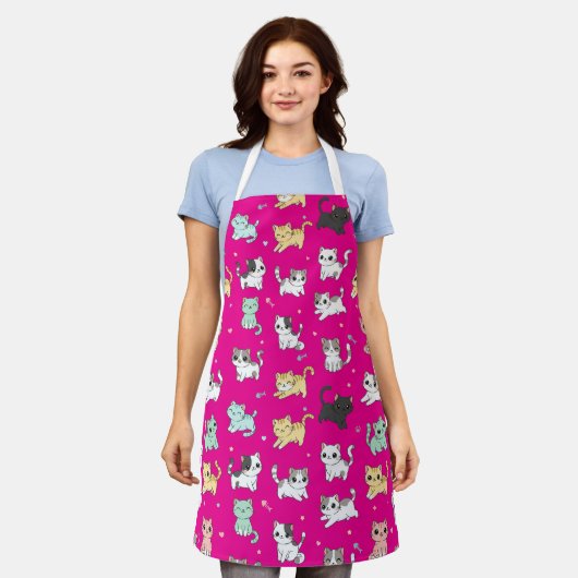 Adorable Kawaii Cats Pattern Apron エプロン (着用した状態)