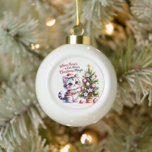 Adorable Kawaii Christmas Cat Personalized Holiday セラミックボールオーナメント (ツリー)