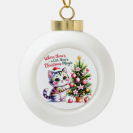 Adorable Kawaii Christmas Cat Personalized Holiday セラミックボールオーナメント