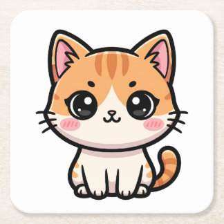 Adorable Kawaii Ginger Cat Illustration スクエアペーパーコースター