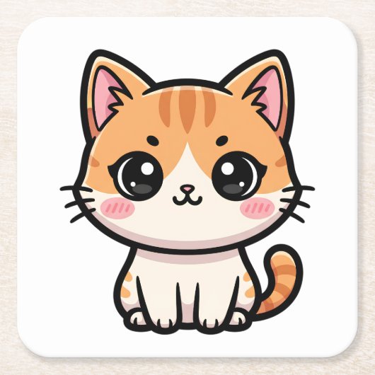 Adorable Kawaii Ginger Cat Illustration スクエアペーパーコースター (正面)
