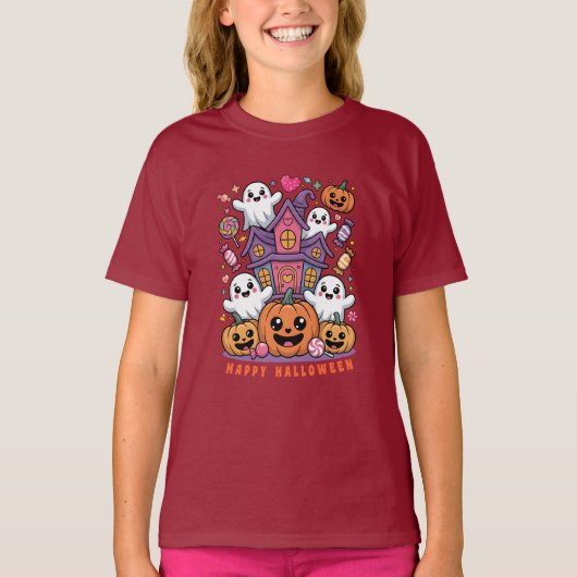 Adorable Kawaii Halloween | Happy Ghost & Pumpkins Tシャツ (正面)