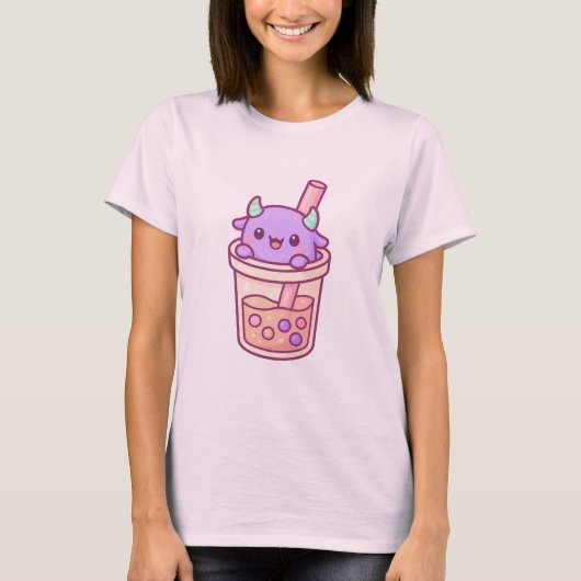 Adorable Kawaii Monster with Rainbow Bubble Tea Tシャツ (正面)
