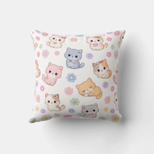 Adorable Kawaii Pastel Kitten and Floral Pattern  クッション (裏面)