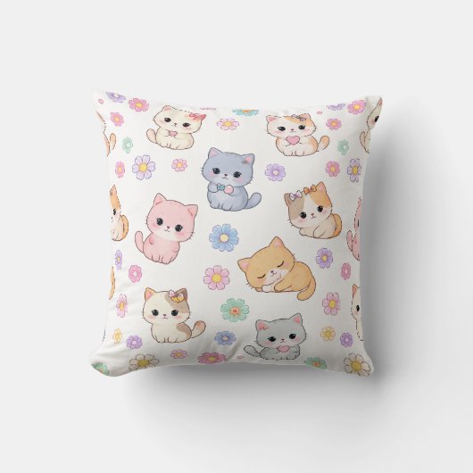 Adorable Kawaii Pastel Kitten and Floral Pattern  クッション (正面)