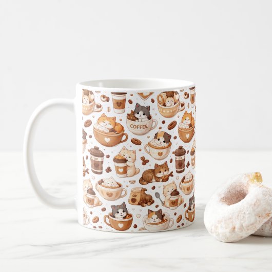 Adorable Kitten & Coffee Pattern Mug  コーヒーマグカップ (ドーナツ)