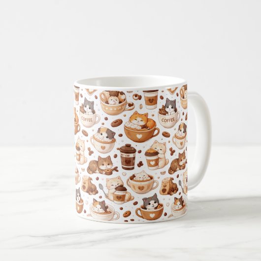 Adorable Kitten & Coffee Pattern Mug  コーヒーマグカップ (正面右)