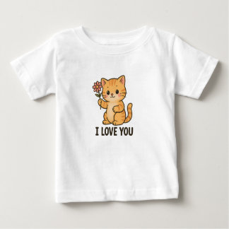 Adorable Kitten Holding Flower – I LOVE YOU Cute  ベビーTシャツ