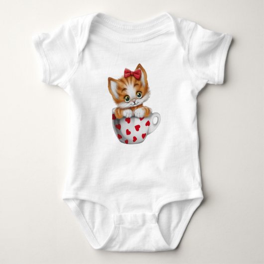 "Adorable Kitten in Cup Baby Bodysuit  ベビーボディスーツ (正面)