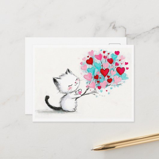 Adorable Kitten with Hearts Illustration ポストカード (正面/裏面インサイチュ)
